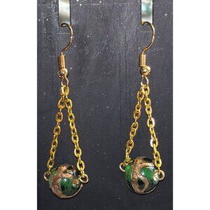 Lampwork GREEN Glass Bead Pierced Earrings Gold 1.5” by Sacred Feather Traders